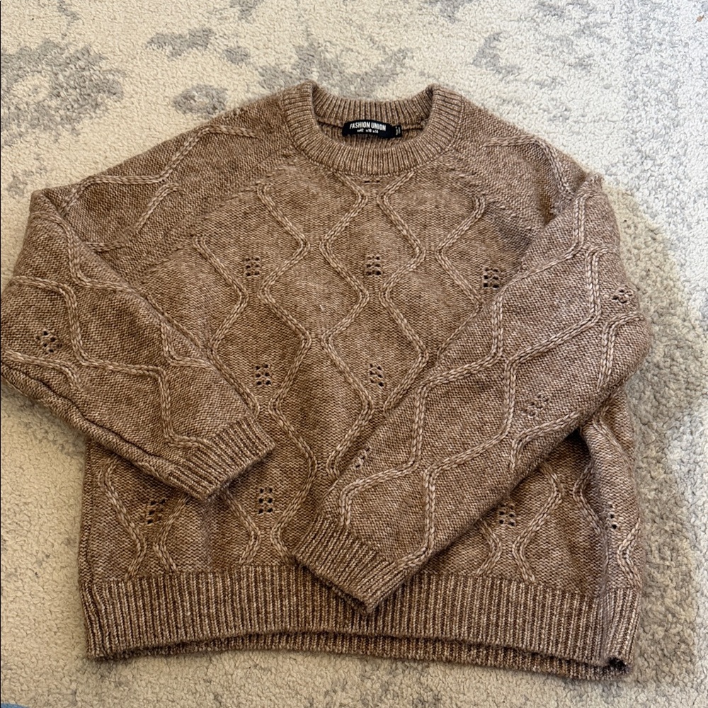 Fashion Union Tan Cable Knit Crewneck Sweater